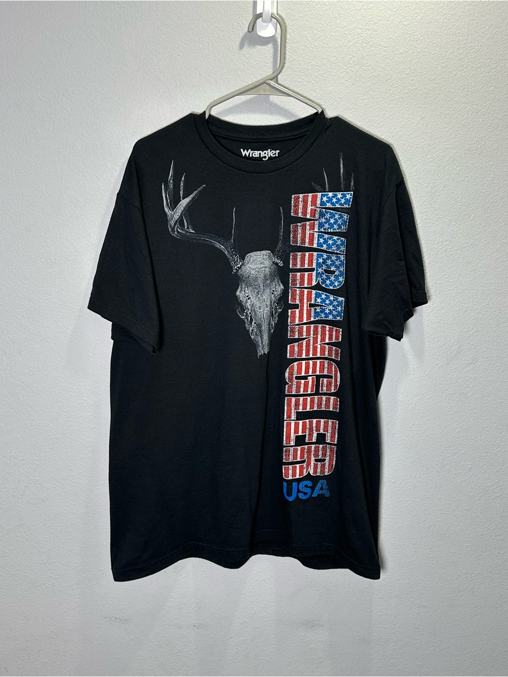 Wrangler Black Short-Sleeve Tee with Patriotic Logo and Deer Skull